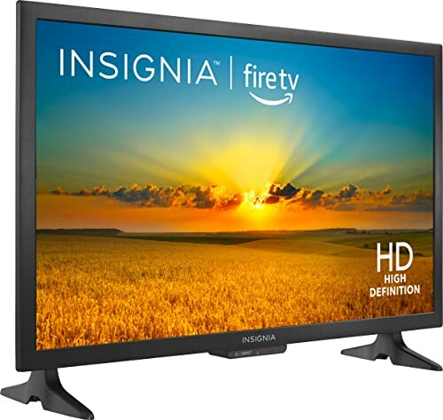 Insignia Fire TV with HD display showing a sunset over a field.